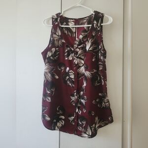 Floral Sleeveless Button-Front Blouse – Burgundy/Black/White-Women's Medium